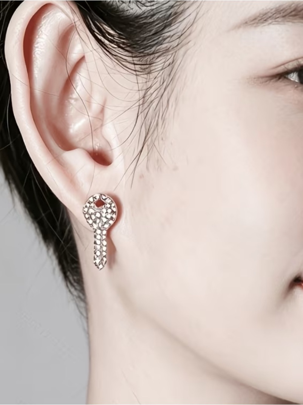 Key-Shaped Crystal Stud Earrings - Silver